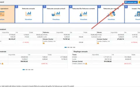 Dashboard con riepilogo operazioni mensili, trimestrali e annuali. Dati di entrate, uscite e IVA per una gestione chiara delle fatture semplificate.