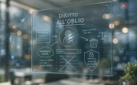 Schema sul diritto all'oblio: dati personali, informazioni online, ricerca, cancellazione dati, privacy, dignità, reputazione e futuro.