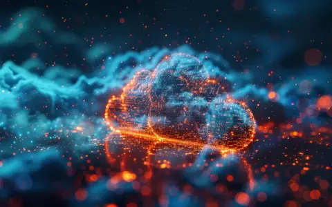 Nuvola digitale luminosa, simbolo di cloud computing e dei suoi rischi. Particelle arancioni e blu fluttuano in un'atmosfera eterea.
