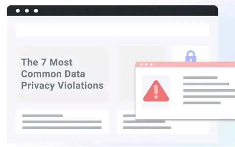 Schermata con avviso di sicurezza e testo "The 7 Most Common Data Privacy Violations", che illustra esempi di violazione della privacy.