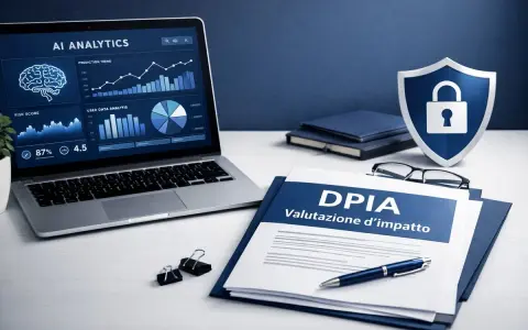 Scrivania con laptop che mostra analisi AI, documenti DPIA e uno scudo con lucchetto, simboli di privacy e valutazione d'impatto.