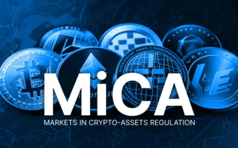 Monete di criptovalute come Bitcoin ed Ethereum circondano la scritta "MiCA", che sta per Markets in Crypto-Assets Regulation.