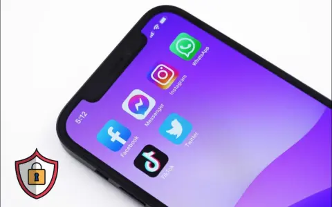 Schermo di uno smartphone con icone di app social. Un simbolo di scudo con lucchetto suggerisce preoccupazioni sulla privacy e il tracciamento cross-site.