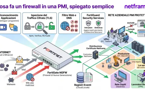 Un firewall protegge la rete aziendale da minacce come phishing e malware, analizzando il traffico e bloccando accessi non autorizzati.