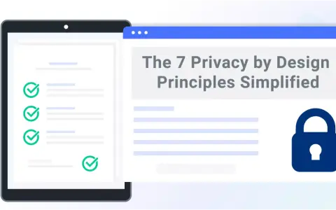 Schermata di un tablet con elenco spuntato e finestra web che illustra i principi di privacy by design, con un lucchetto.