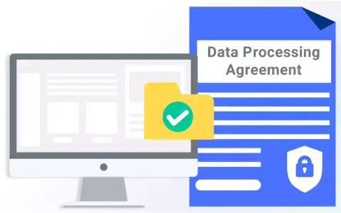 Accordo di elaborazione dati (DPA): un computer mostra un'icona di cartella con segno di spunta, accanto a un documento con lucchetto.