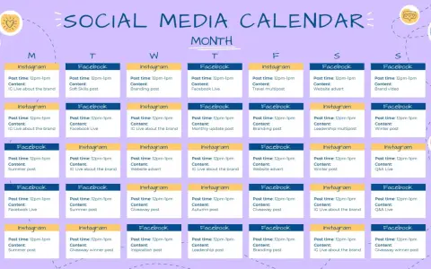 Calendario social con piano editoriale per ogni giorno e piattaforma (Facebook, Instagram).