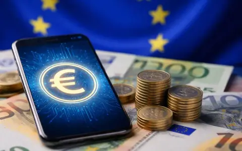 Smartphone con simbolo euro digitale, monete e banconote europee.