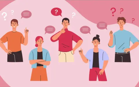 Persone pensierose con punti interrogativi e fumetti, un'illustrazione che evoca la ricerca di risposte e la **seo semantica**.