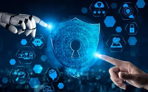 Mano robotica e umana interagiscono con uno scudo digitale, simbolo di privacy e sicurezza. Icone di rete e IA circondano il concetto.