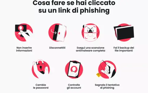 Guida visiva su come reagire dopo aver cliccato su un link di social media phishing: non inserire dati, disconnettersi, scansionare, fare backup, cambiare password, controllare account e segnalare.