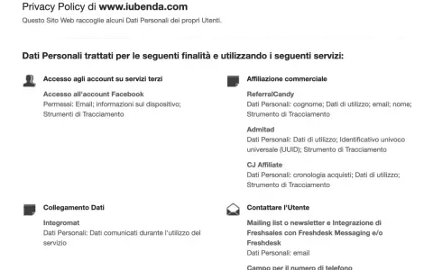 Informativa privacy: Dati personali trattati per accesso account terzi, affiliazione commerciale, collegamento dati e contatti utente.