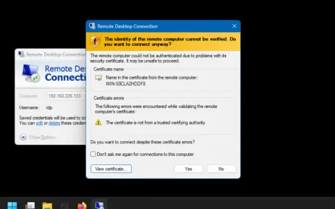 Finestra di dialogo "Connessione Desktop remoto" con avviso di certificato non attendibile per l'IP 192.168.226.133.