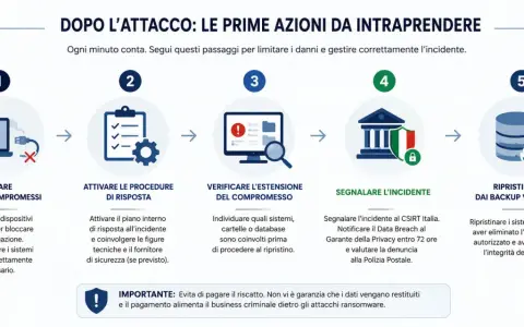 Ecco cosa succede ad un PC colpito da ransomware: isola i sistemi, attiva le procedure, verifica l'estensione, segnala l'incidente e ripristina dai backup.