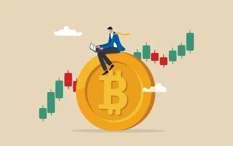 Uomo d'affari su una moneta Bitcoin, con grafici di criptovalute che indicano un valore di 5.000 euro.