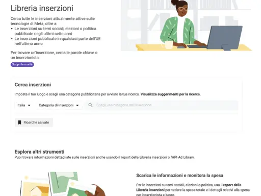 Interfaccia della Libreria inserzioni di Meta per cercare annunci pubblicitari.