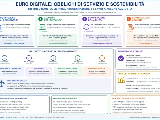 Euro digitale: obblighi di servizio e sostenibilità. Il percorso del denaro, dalla distribuzione all'esercente, quando si parla di euro digitale.