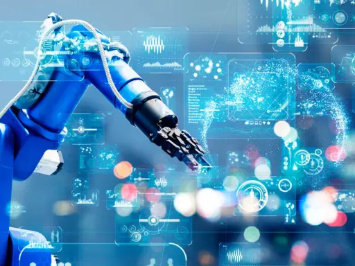 Braccio robotico blu interagisce con interfacce digitali futuristiche, simboleggiando il piano transizione 4.0 e l'automazione industriale.