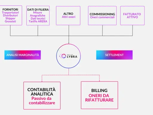 Diagramma di flusso che illustra i processi di contabilità fornitori, dall'analisi dei dati alla fatturazione e al settlement.