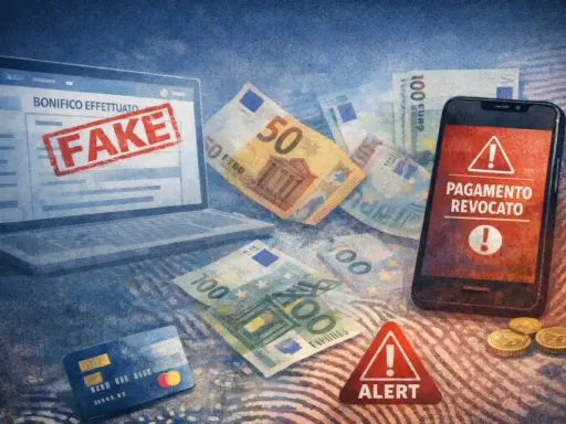 Laptop con "BONIFICO EFFETTUATO" e timbro "FAKE". Denaro, carta di credito e smartphone con "PAGAMENTO REVOCATO" indicano una truffa, un bonifico falso.