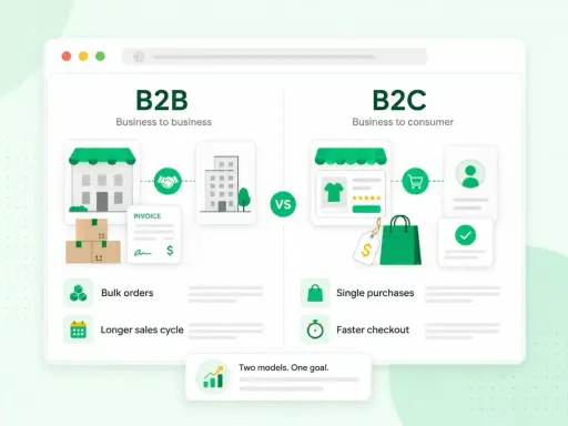 B2B cosa significa? Confronto tra modelli di business: B2B (Business to Business) con ordini in blocco e ciclo di vendita lungo, vs B2C (Business to Consumer) con acquisti singoli e checkout rapido.