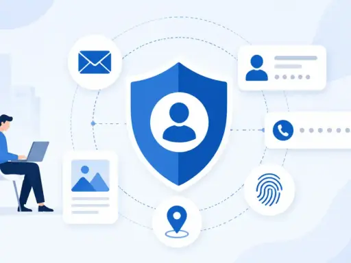 Un uomo al computer protegge i suoi dati particolari: email, foto, posizione, impronta digitale, contatti e profilo.