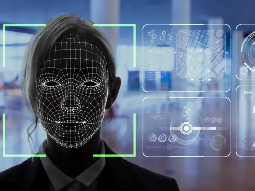 Riconoscimento facciale per dati biometrici e sicurezza. Un volto femminile è sovrapposto a una griglia wireframe, circondato da grafici e dati.