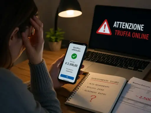 Disperazione dopo aver fatto un bonifico e scoperto che ho fatto una truffa online. Il telefono mostra "Bonifico effettuato", ma il laptop avverte "ATTENZIONE TRUFFA ONLINE".