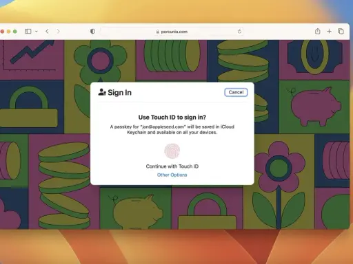 Finestra di accesso con Touch ID per un passkey Apple. L'autenticazione biometrica semplifica l'accesso ai tuoi account.