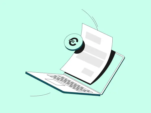 Un laptop aperto con un foglio e un simbolo dell'euro, che illustra il fattura differita significato.