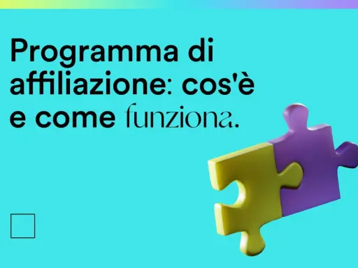 Programma di affiliazione: cos'è e come funziona. Due pezzi di puzzle, uno giallo e uno viola, si uniscono, simboleggiando la collaborazione.