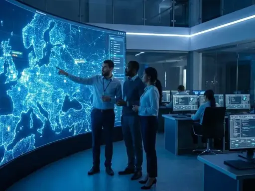 Team analizza mappa Europa luminosa su schermo gigante. Usando il cloud computing sappiamo dove risiedono i dati, monitorando flussi globali.