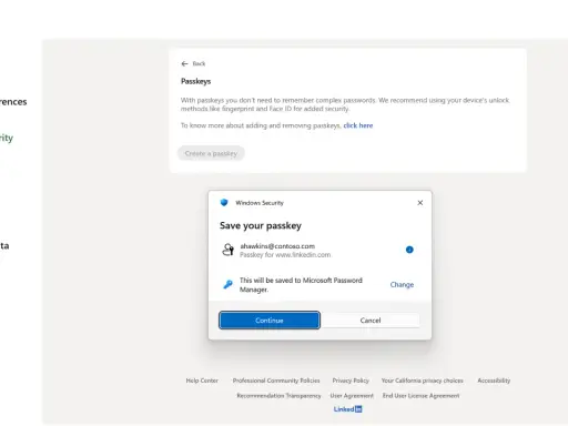 Configurazione di LinkedIn: creazione di un passkey Microsoft per un accesso più sicuro.
