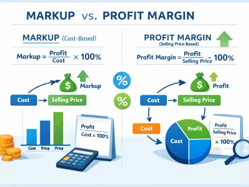 Diagramma che confronta Markup e Profit Margin, mostrando come calcolare il **utile netto su fatturato** e il markup basato sul costo.