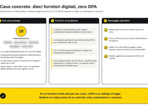Studio con 10 fornitori digitali senza accordi ex art. 28 GDPR. Il **data processing agreement** (DPA) è un obbligo per evitare sanzioni.