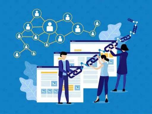 Persone creano collegamenti tra siti web, illustrando il link building significato per la crescita online.