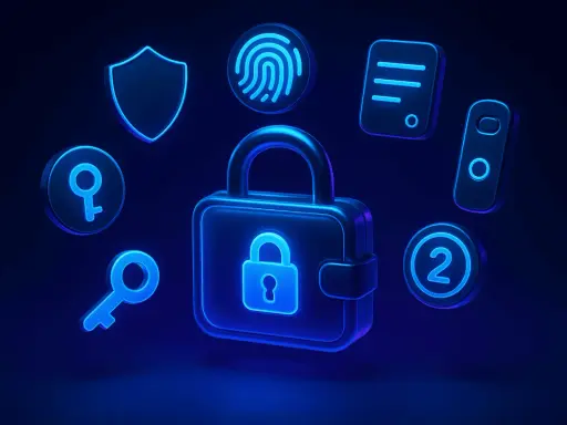 Icone di sicurezza digitale: lucchetto, chiave, impronta digitale, scudo, documento e numero 2. Attenzione ai criptovalute: rischi.