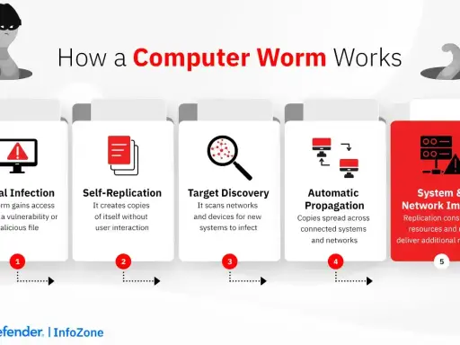 Ecco che cos’è il "worm": un'infografica spiega come si diffonde, si replica e impatta sistemi e reti, consumando risorse.