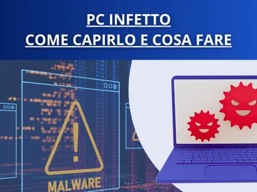 Un laptop viola mostra due icone rosse di virus, simbolo di un dispositivo informatico colpito da malware. Sullo sfondo, codice binario e un avviso di malware.