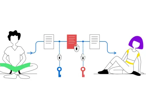 Un uomo e una donna scambiano dati sicuri tramite blockchain. Un keychain Android potrebbe gestire le chiavi.