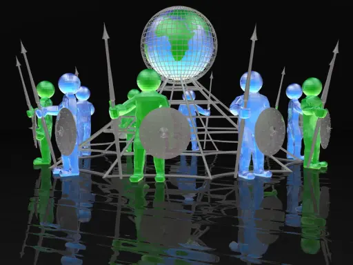 Un **firewall umano** protegge il globo. Figure stilizzate verdi e blu, armate di lance e scudi, circondano la Terra.