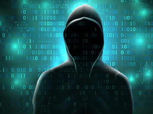 Silhouette di un hacker con sfondo di codice binario. Esempi di frodi informatiche.