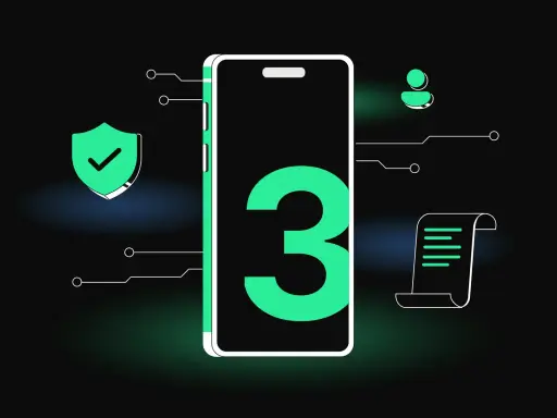 Smartphone con il numero 3, scudo di sicurezza, icona utente e documento. Simboli di un futuro web 3.