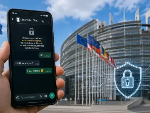 Smartphone con chat crittografata davanti al Parlamento Europeo. La sicurezza delle comunicazioni nell'UE è fondamentale.