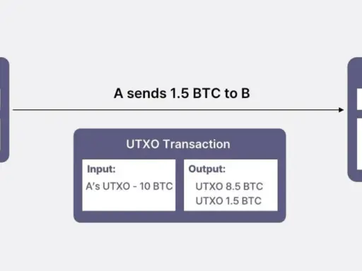 Diagramma UTXO: A invia 1.5 BTC a B. Come faccio a sapere se ho dei bitcoin? Il portafoglio di A passa da 10 BTC a 8.5 BTC.