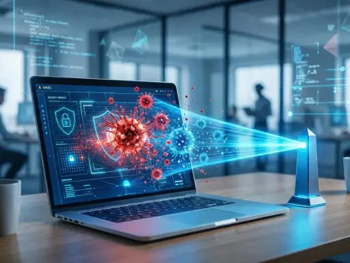 Schermo di un laptop mostra un'interfaccia di sicurezza con virus digitali. Un fascio di luce blu colpisce i virus, simboleggiando la protezione. Capire cos'è un rootkit è fondamentale per la cybersecurity.