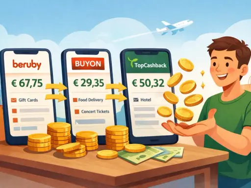 Un ragazzo felice riceve monete d'oro da app di cashback. Scopri cos'è il cashback e come funziona per risparmiare su gift cards, cibo e hotel.