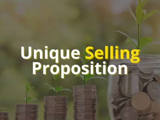 Piante che crescono da pile di monete, con un barattolo pieno di denaro a destra. Testo: "Unique Selling Proposition".