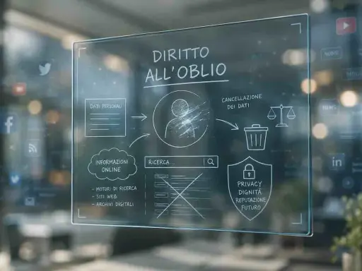 Schema sul diritto all'oblio: dati personali, informazioni online, ricerca, cancellazione dati, privacy, dignità, reputazione e futuro.