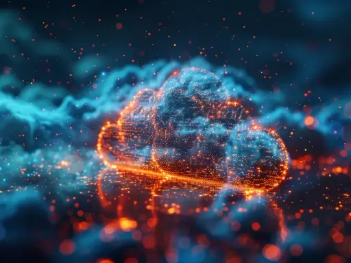 Nuvola digitale luminosa, simbolo di cloud computing e dei suoi rischi. Particelle arancioni e blu fluttuano in un'atmosfera eterea.